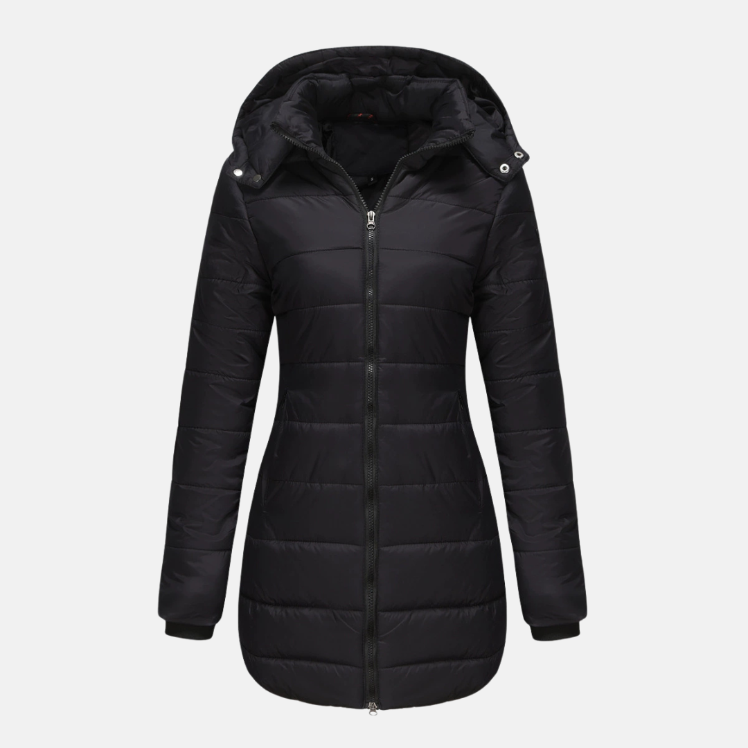 Women’s Puffer Jacket – Insulated Padding – Detachable Hood – Mid-Length Fit – Ribbed Cuffs