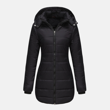 Women’s Puffer Jacket – Insulated Padding – Detachable Hood – Mid-Length Fit – Ribbed Cuffs