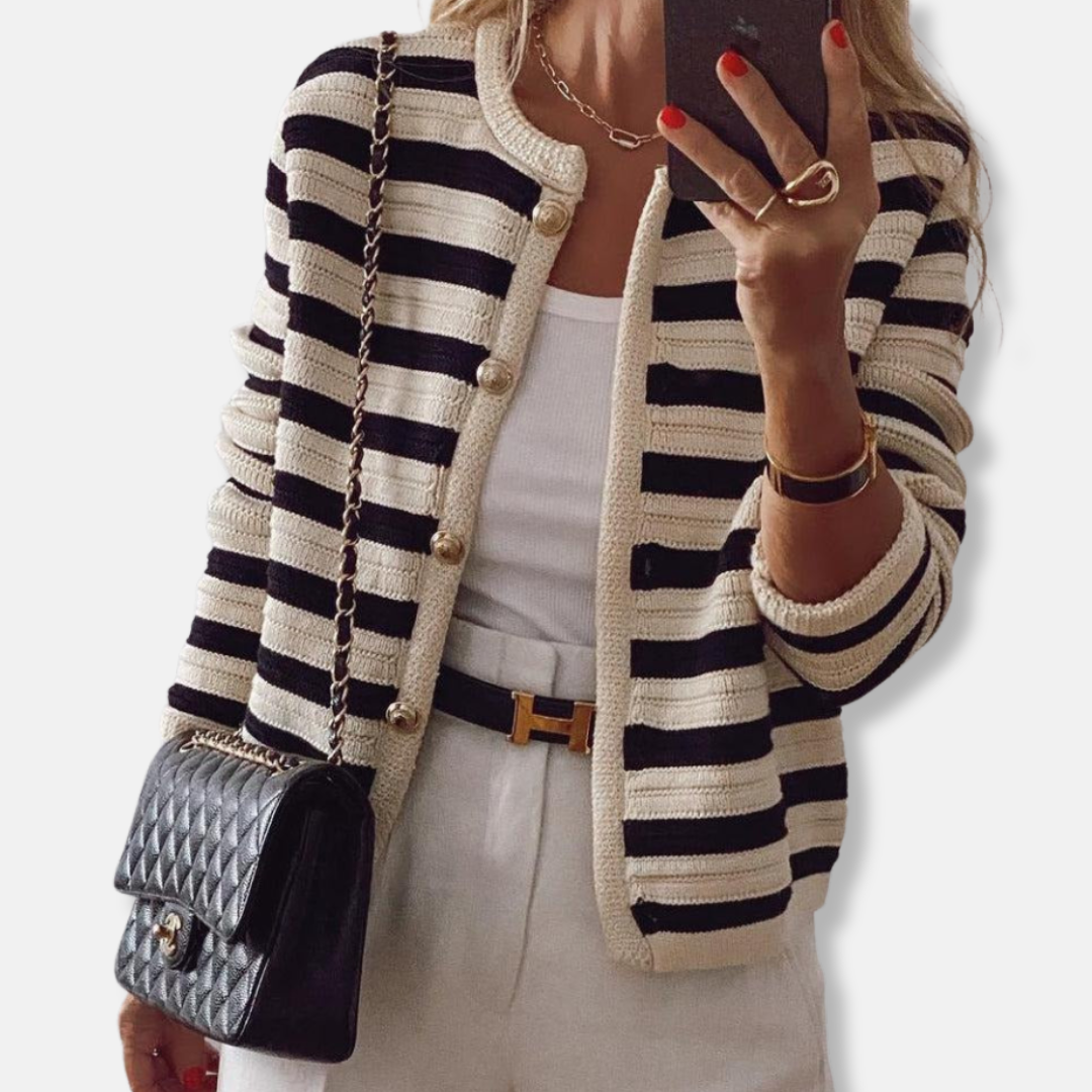 Amelia Classic Fit Cardigan | Striped Crewneck Button Front Cardigan