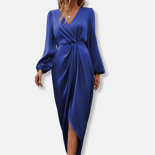 Isla Wrap Midi Dress | Surplice Neck Balloon Sleeve Dress