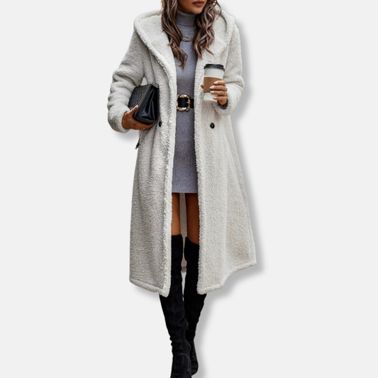 Women’s Long Coat – Plush Fleece Feel – Relaxed Fit – Hooded – Notched Lapel