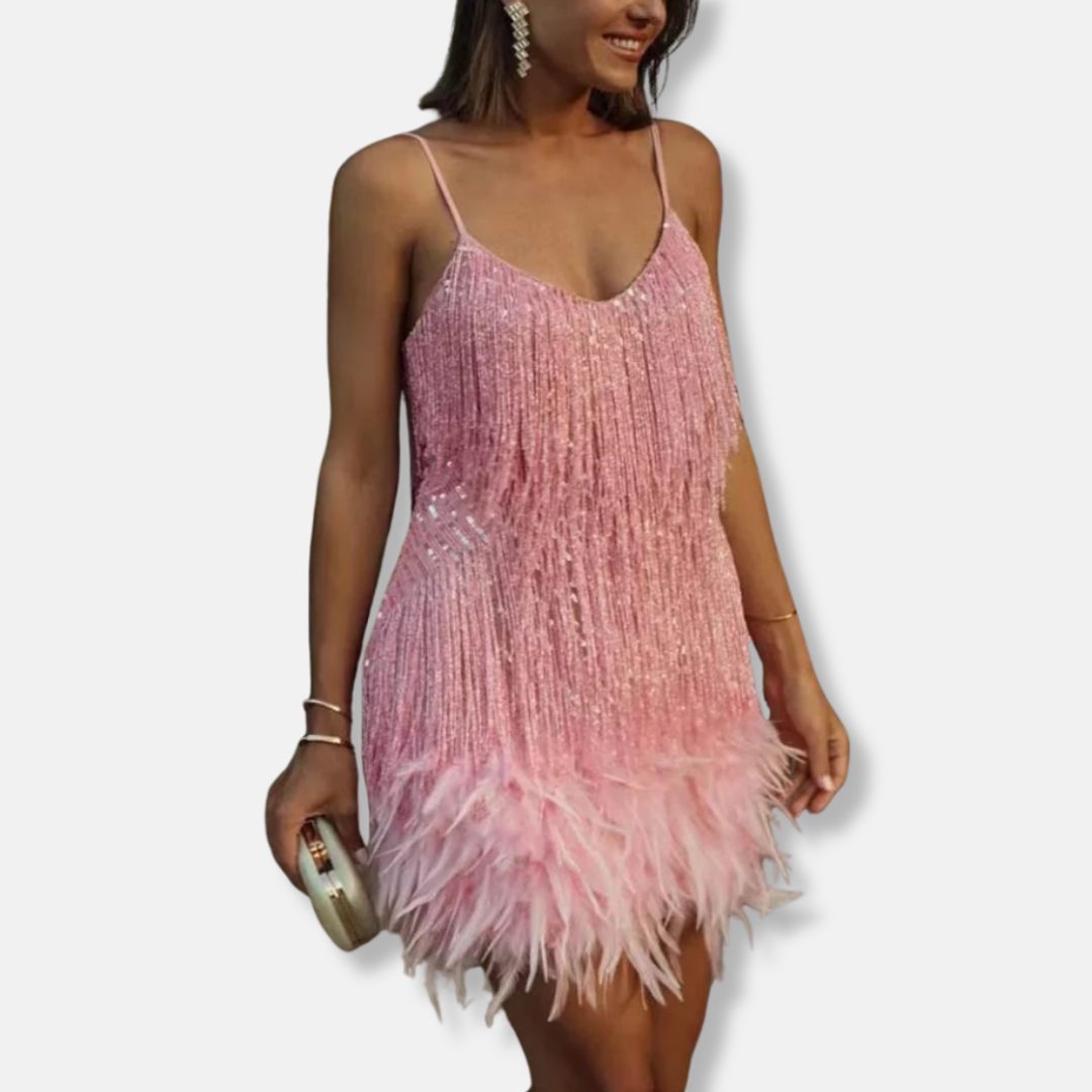 Isla Sequined Straight Fit Mini Dress | Feather Trim Fringe Mini Dress