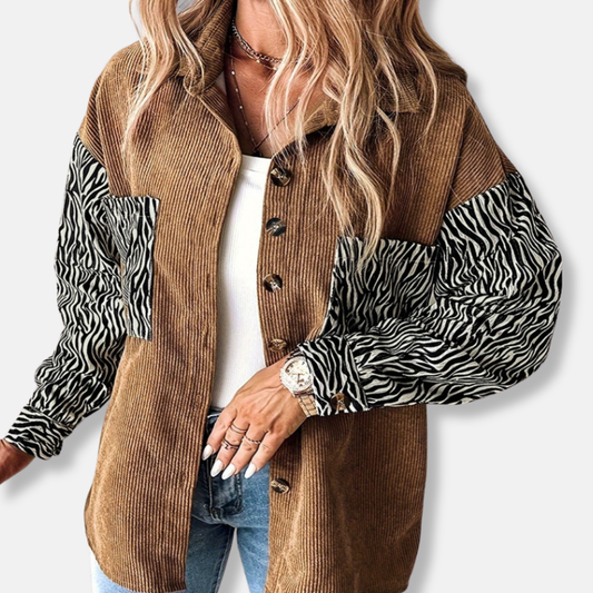 Women’s Oversized Jacket – Ribbed Texture – Button Front – Zebra Sleeve Detail