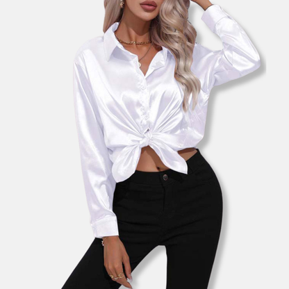 Clara Satin Button-Up Blouse | Collared Relaxed Fit Blouse