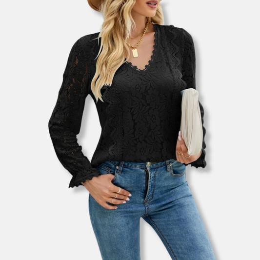 Isabella Cotton Blend Lace Blouse | Floral V-Neck Long Sleeve Blouse