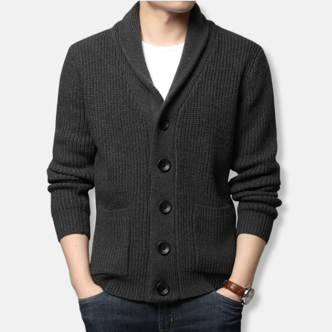 Men’s Cardigan Sweater – Regular Fit – Chunky Ribbed Knit – Shawl Collar – Button Front