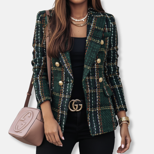 Freya Double-Breasted Blazer | Check Pattern Flap Pockets Blazer