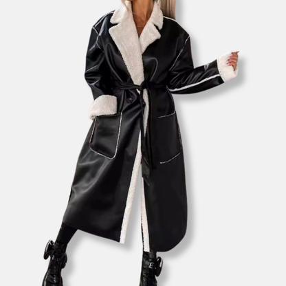 Women’s Long Coat – Oversized Fit – Wrap Style with Plush Trim and Tie Belt