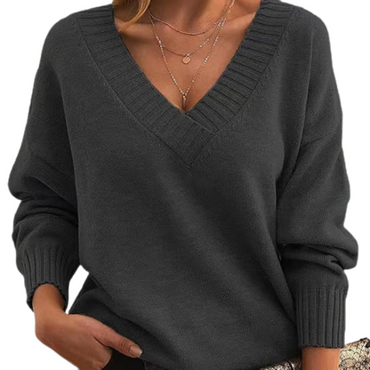 Isabella Wool Ribbed V-Neck Sweater | Relaxed Fit Hip-Length Sweater