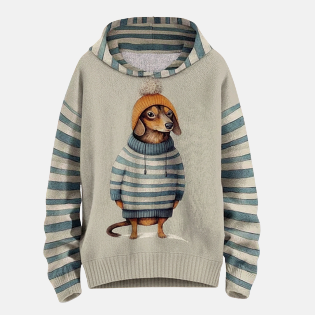 Women’s Hoodie – Relaxed Fit – Cartoon Dog Print – Striped Detail
