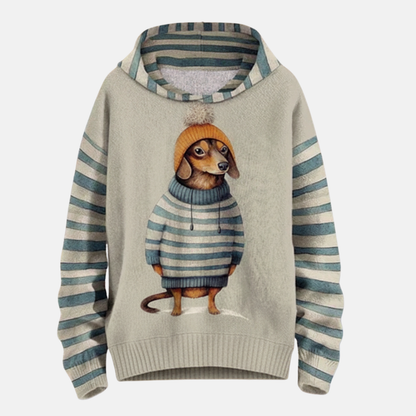 Women’s Hoodie – Relaxed Fit – Cartoon Dog Print – Striped Detail