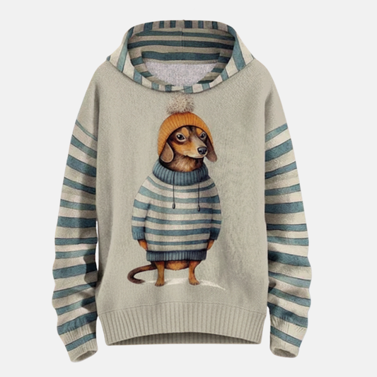 Women’s Hoodie – Relaxed Fit – Cartoon Dog Print – Striped Detail