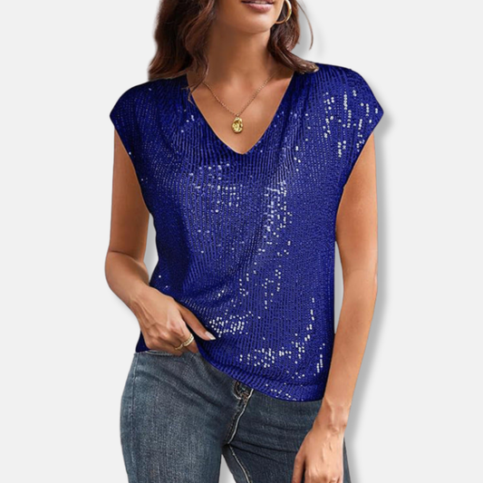 Lily Sequin V-Neck Top | Relaxed Fit Cap Sleeve Top