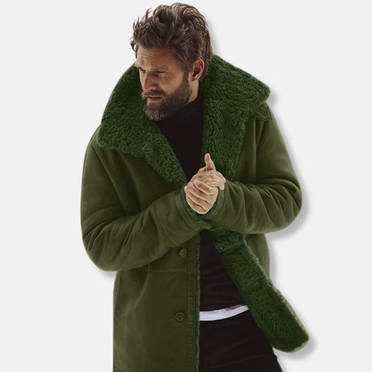 Men’s Coat – Relaxed Fit – Shearling Collar – Button Front – Mid-Thigh Length