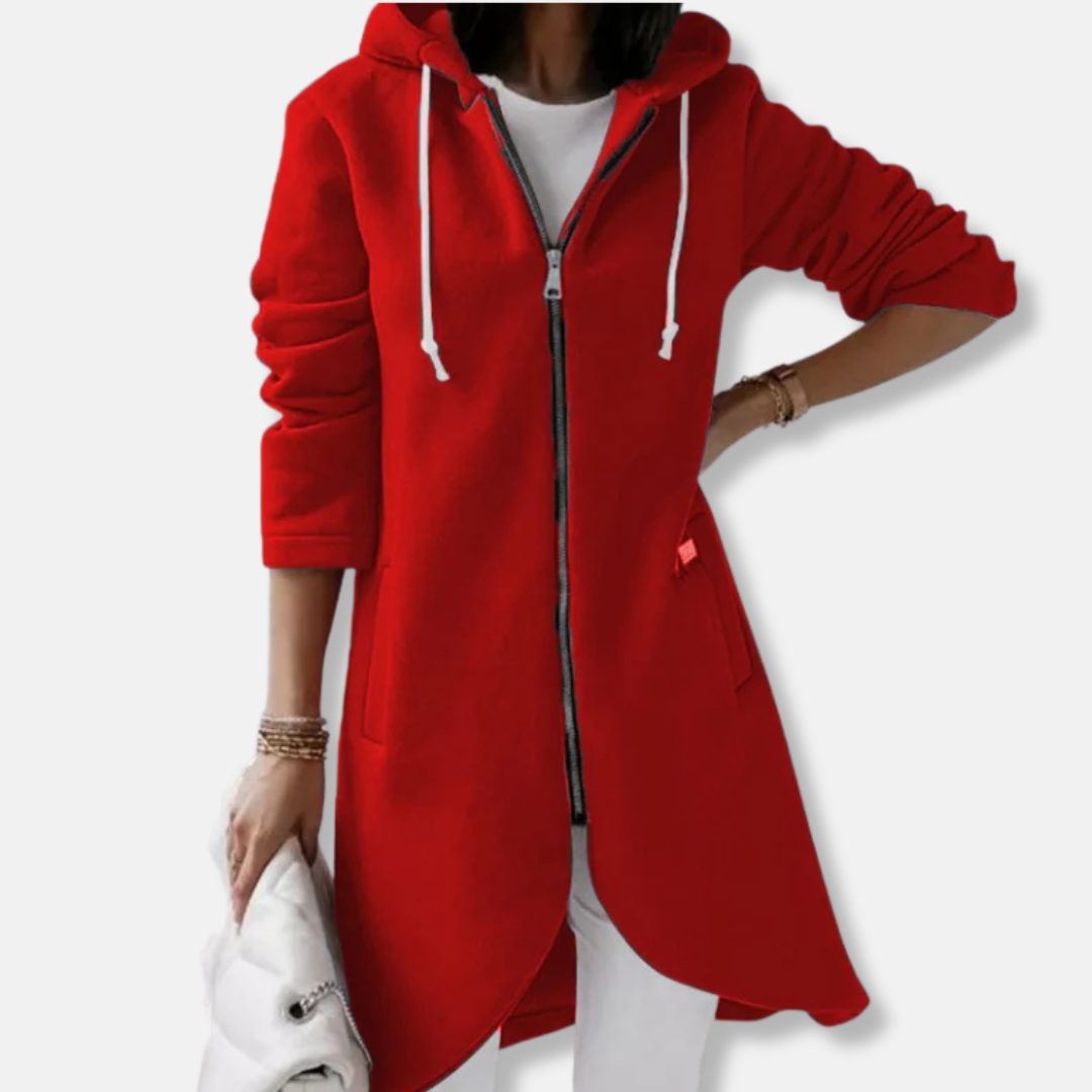 Women’s Long Hooded Sweater – Relaxed Fit – Fleece Feel – Asymmetrical Hem – Zip Front