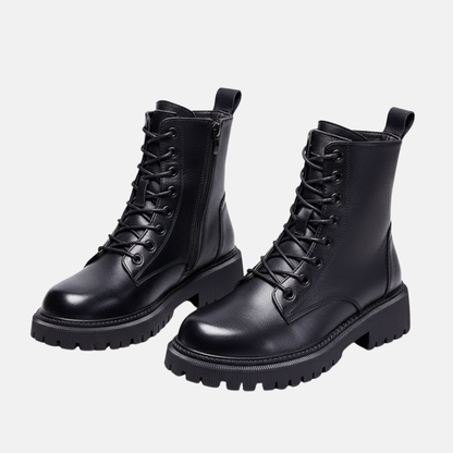 Women’s Ankle Boots – Lace-Up Front – Plush Lining – Chunky Lug Sole – Side Zip