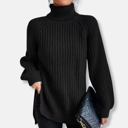 Women’s Pullover Sweater – Oversized Fit – Chunky Wool Knit – Turtleneck – Split Hem