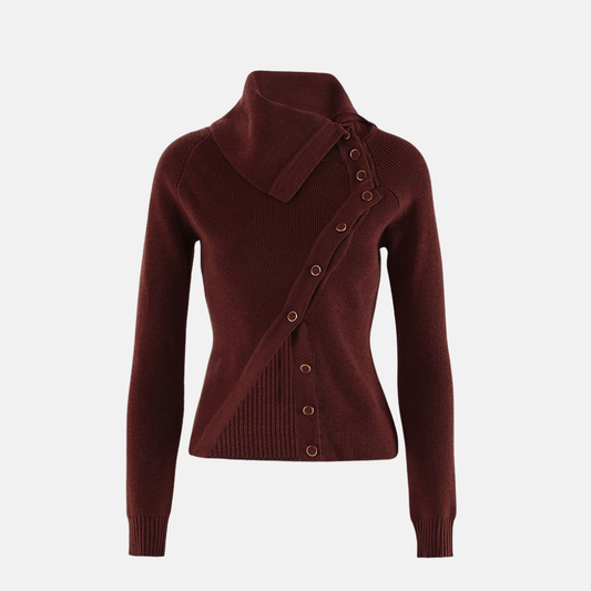 Women’s Knitwear Top – Slim Fit – Ribbed Wool Blend – Asymmetrical Collar & Buttons