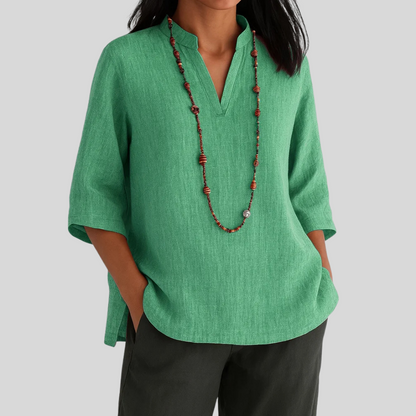 Alice Relaxed Fit Blouse | Notch V-Neck Elbow Sleeve Blouse