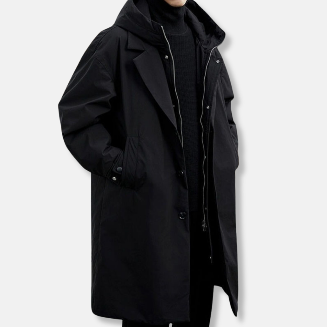 Men’s Trench Parka Coat – Oversized Relaxed Fit – Hooded – Faux Layered Design