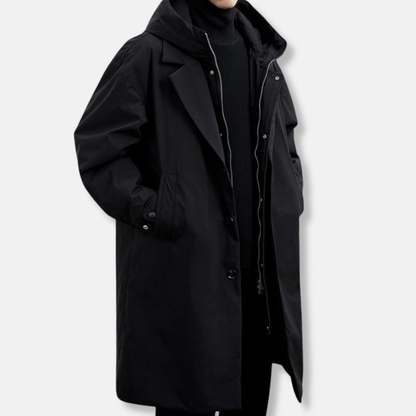 Men’s Trench Parka Coat – Oversized Relaxed Fit – Hooded – Faux Layered Design