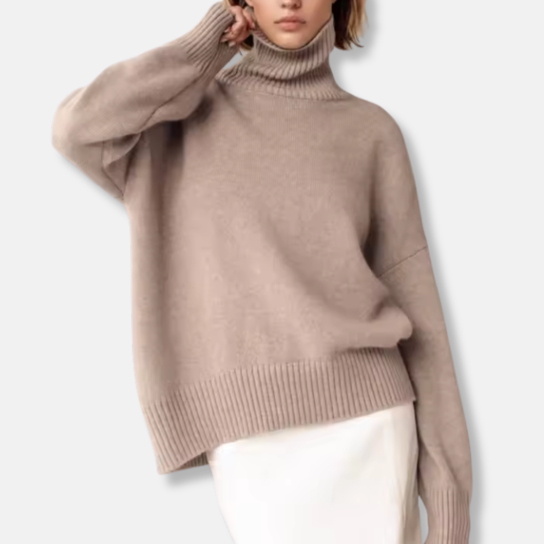 Women’s Pullover Sweater – Oversized Fit – Knit Wool Blend – Ribbed Turtleneck – Long Sleeve