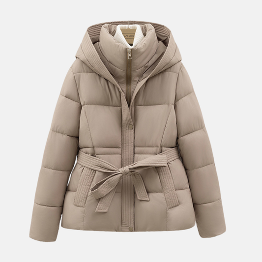 Women’s Padded Coat – Slim Fit – Quilted Insulation – Hooded with Tie Waist