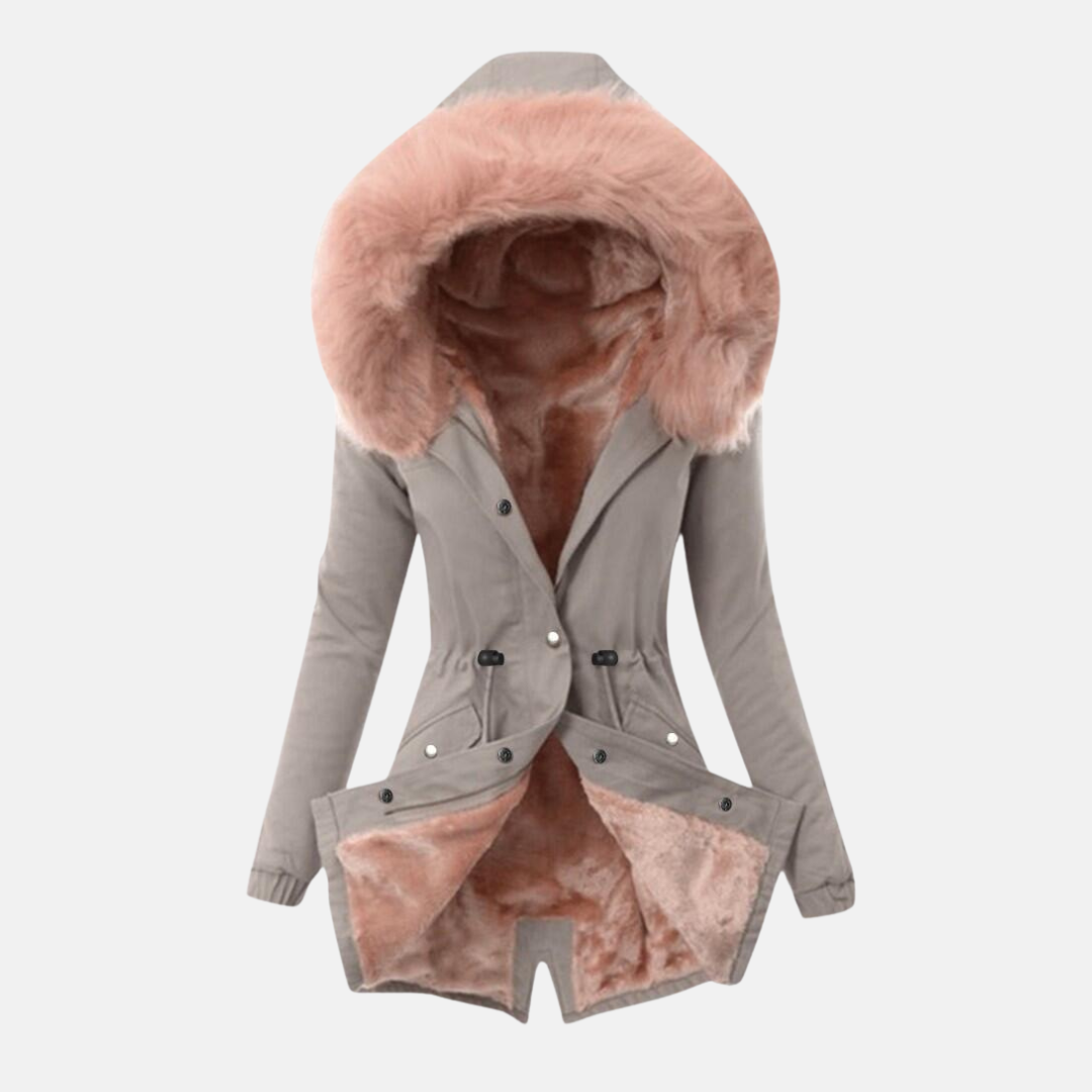 Women’s Jacket – Slim Fit – Plush-Lined Hood – Adjustable Waist – Mid Length – Flap Pockets