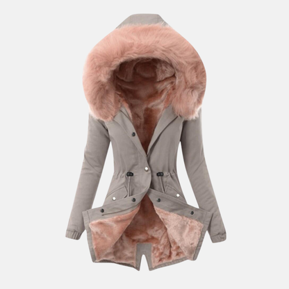 Women’s Jacket – Slim Fit – Plush-Lined Hood – Adjustable Waist – Mid Length – Flap Pockets