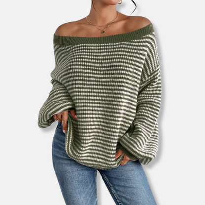 Women’s Knitted Sweatshirt – Relaxed Fit – Boat Neck – Lantern Sleeve – Textured Stripe