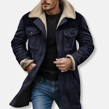 Men’s Casual Long Coat – Suede Texture – Faux Shearling Collar – Button-Up Front