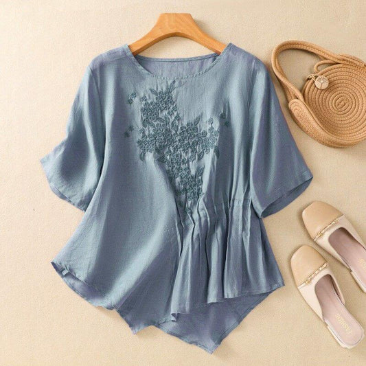 Aurora Relaxed Fit Blouse | Embroidered Crewneck Casual Blouse