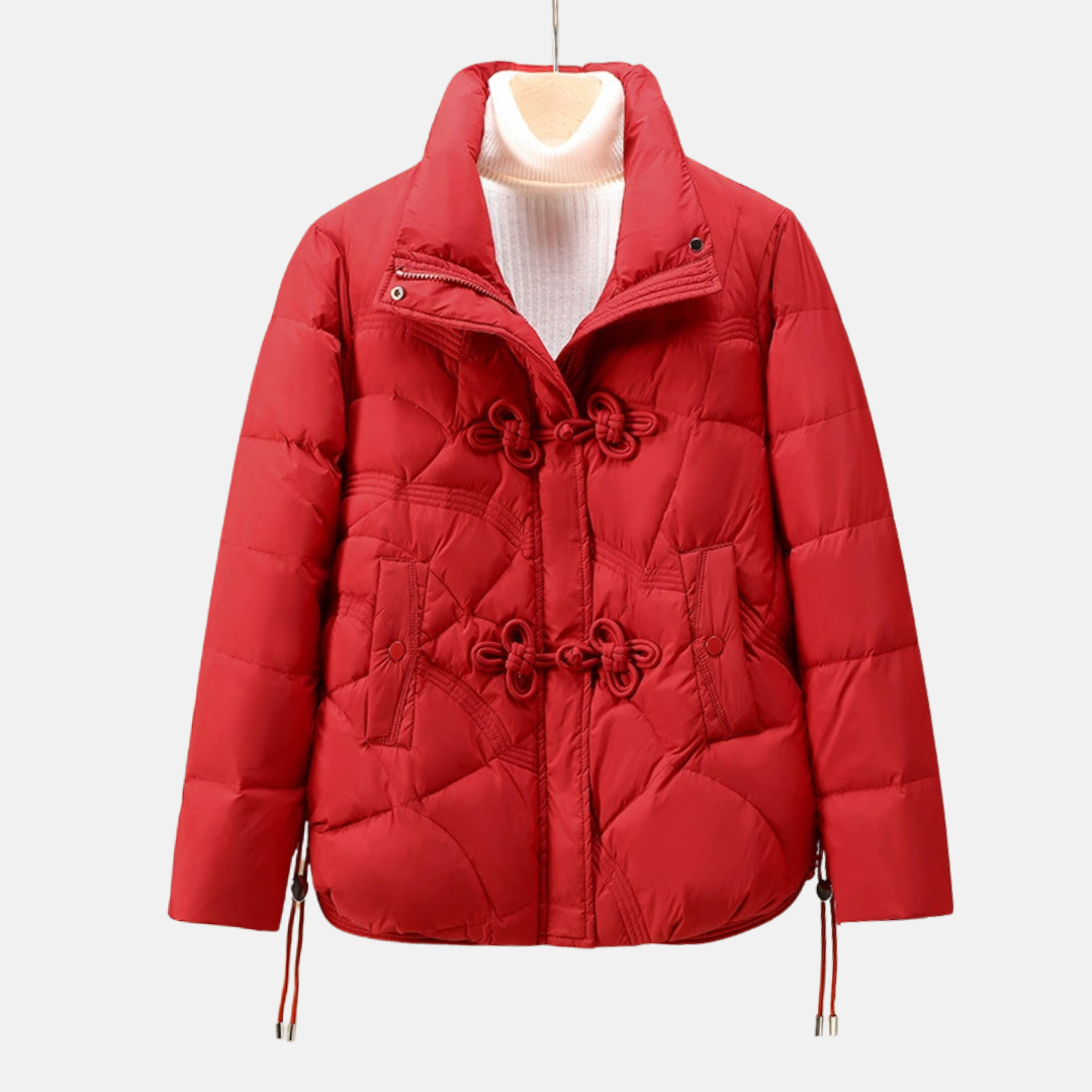 Women’s Puffer Jacket – Quilted Geometric Pattern – Frog Button – Adjustable Hem