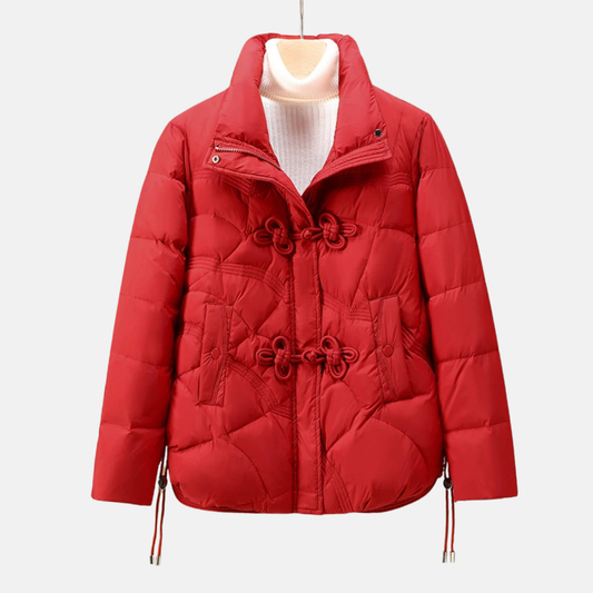 Women’s Puffer Jacket – Quilted Geometric Pattern – Frog Button – Adjustable Hem