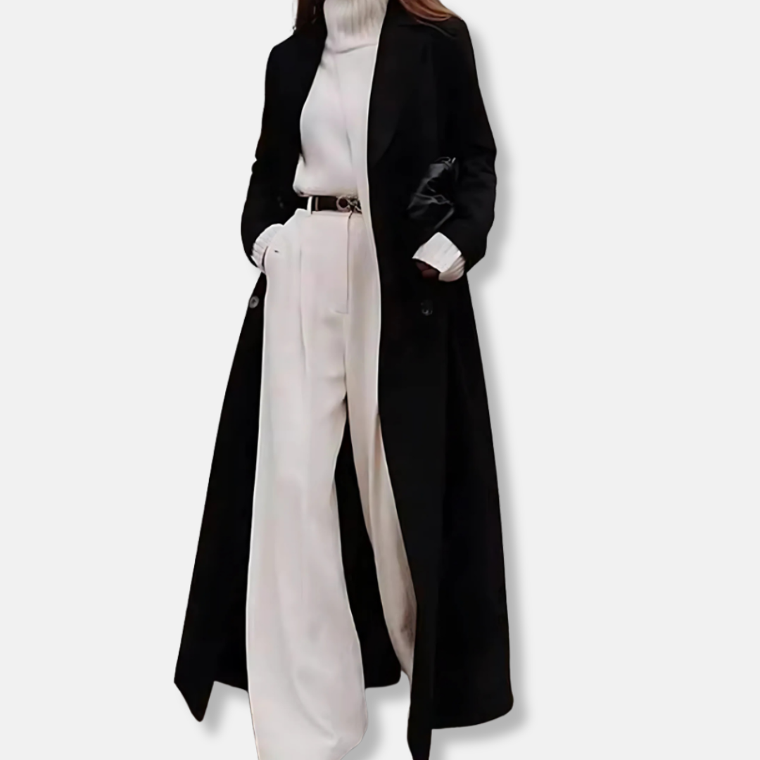 Women’s Longline Coat – Oversized Fit – Double-Breasted – Notched Lapel