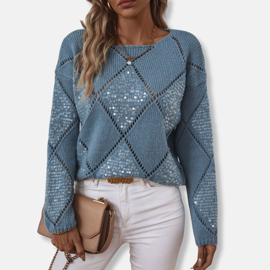 Women’s Knitted Sweatshirt – Relaxed Fit – Diamond Openwork – Sequin Embellished Sleeves