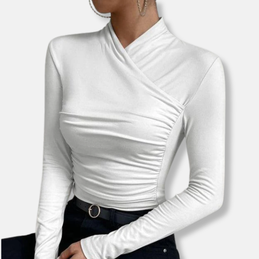 Olivia Modal Ruched Cross-Neck Long Sleeve Top | Slim Fit Top