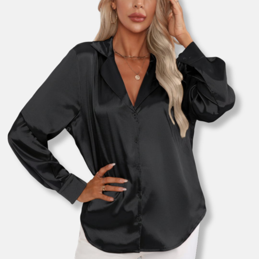 Isla Satin Button-Down Blouse | Relaxed Fit Collared Blouse