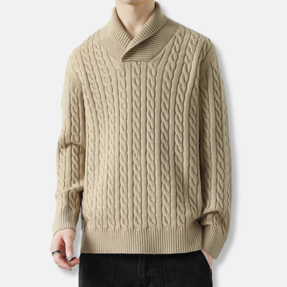 Men’s Pullover Sweatshirt – Loose Fit – Wool Knit – Cable Texture – Shawl Collar