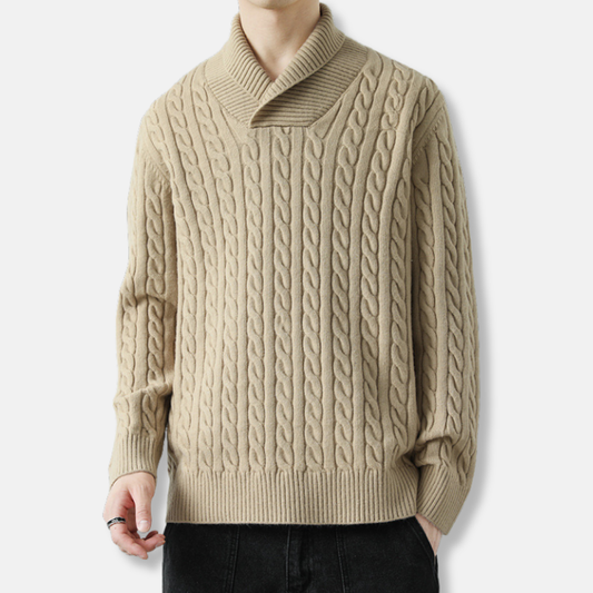 Men’s Pullover Sweatshirt – Loose Fit – Wool Knit – Cable Texture – Shawl Collar