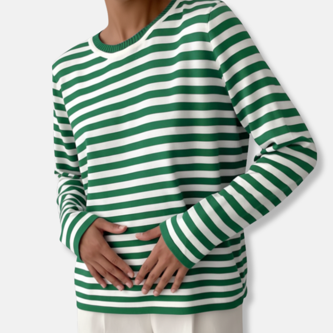 Anna Cotton Blend Relaxed Fit Long Sleeve Sweater | Striped Ribbed Crewneck Sweater