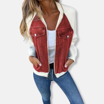 Women’s Jacket – Wool Blend with Denim Panels – Zip Front – Hip Length Casual Fit