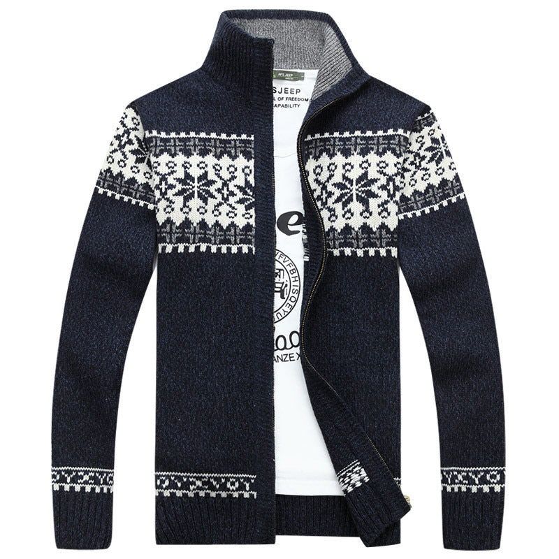 Men’s Sherpa Lined Knit Sweater – Wool Blend Zip-Up – Jacquard Design