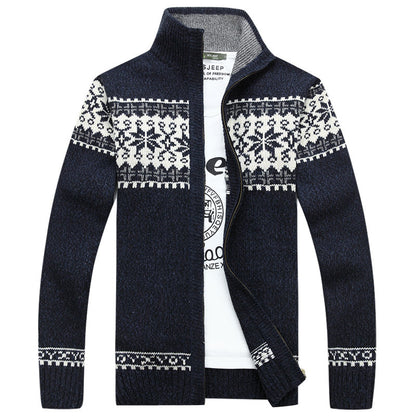 Men’s Sherpa Lined Knit Sweater – Wool Blend Zip-Up – Jacquard Design