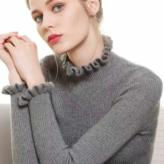 Isla Slim Fit Turtleneck Sweater | Ruffled Ribbed Sweater