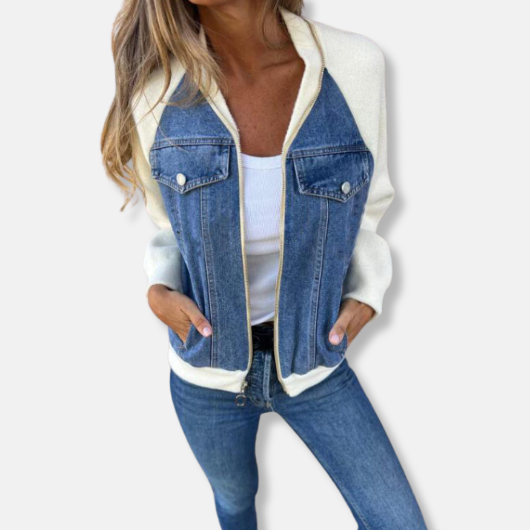 Women’s Jacket – Wool Blend with Denim Panels – Zip Front – Hip Length Casual Fit