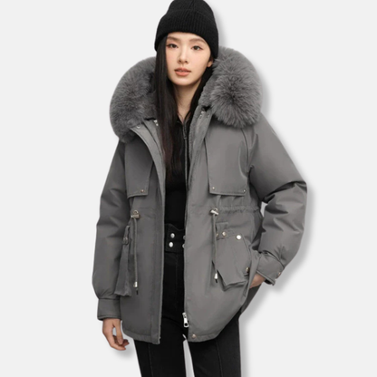Women’s Parka Jacket – Water-Resistant – Detachable Faux Fur Collar – Adjustable Waist