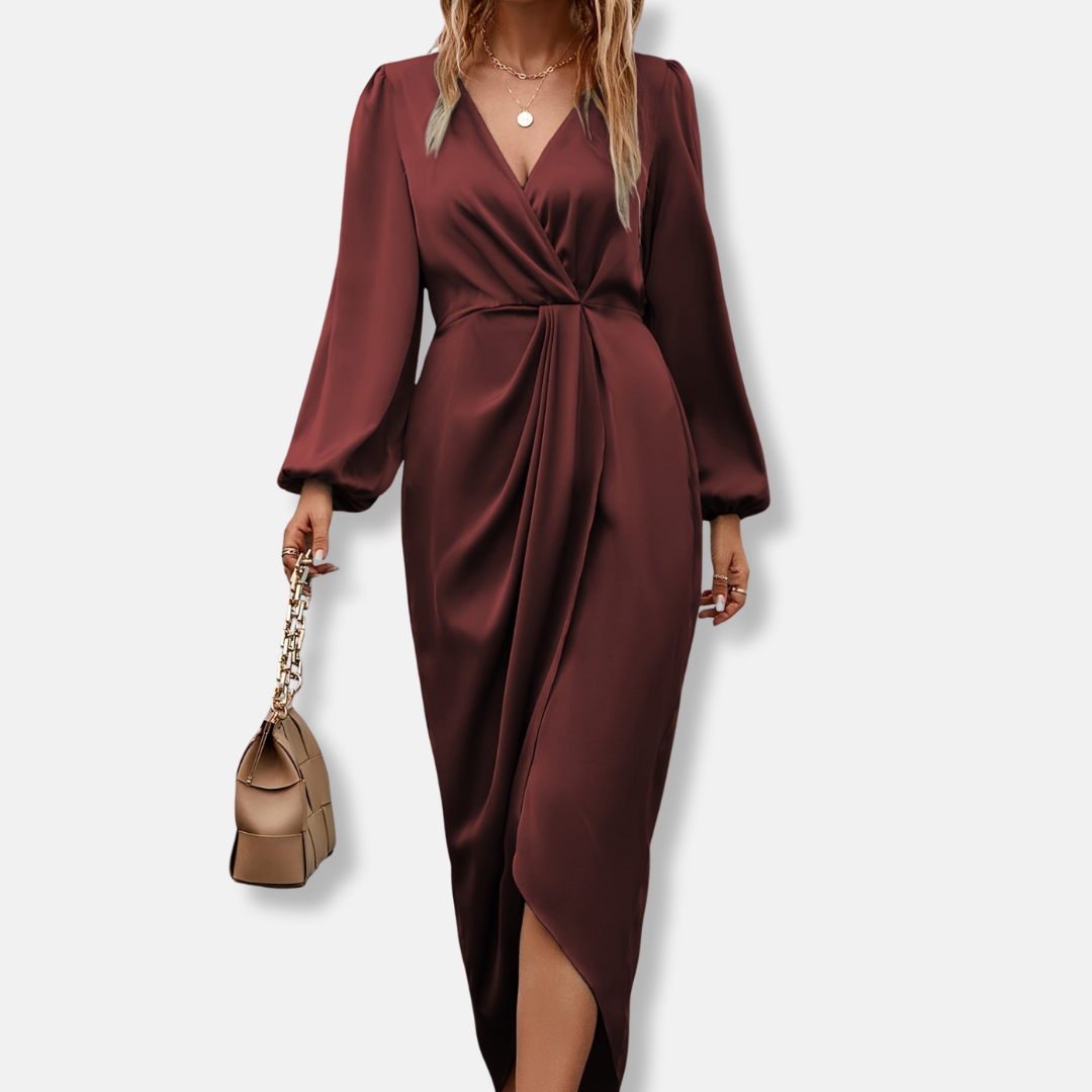 Isla Wrap Midi Dress | Surplice Neck Balloon Sleeve Dress