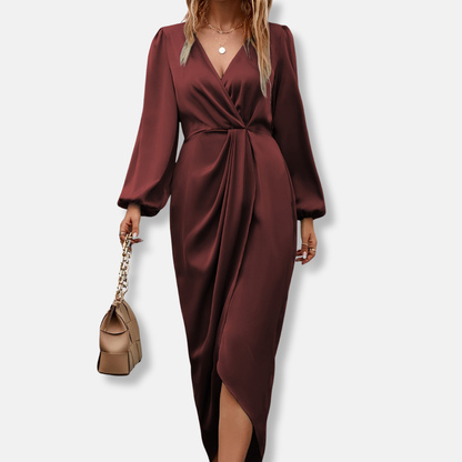 Isla Wrap Midi Dress | Surplice Neck Balloon Sleeve Dress