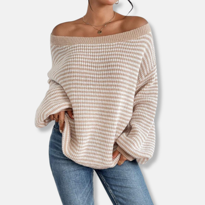 Women’s Knitted Sweatshirt – Relaxed Fit – Boat Neck – Lantern Sleeve – Textured Stripe